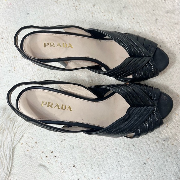 Prada Heels Black Leather Peep Toe Slingback Platform Stiletto High Heels 6.5 - Picture 8 of 8
